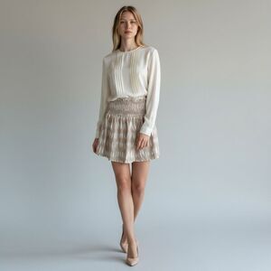 J.Marie Tan Ivory Skort Stretchy Smocked Waist Cottagecore Coastal Boho Preppy